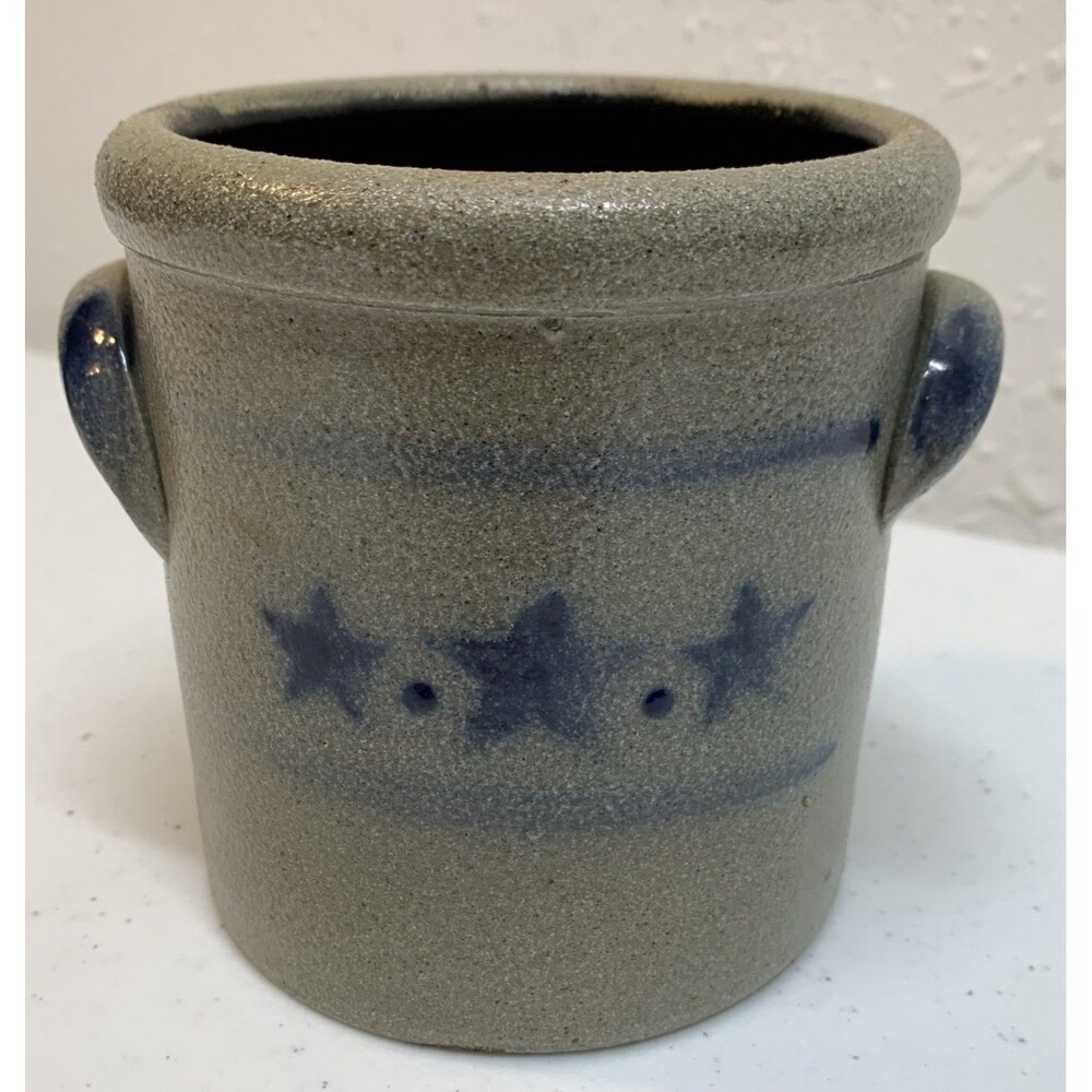 1998 Rowe Pottery Americana Stars & Stripes Salt Glaze Stoneware Crock Mini 4”